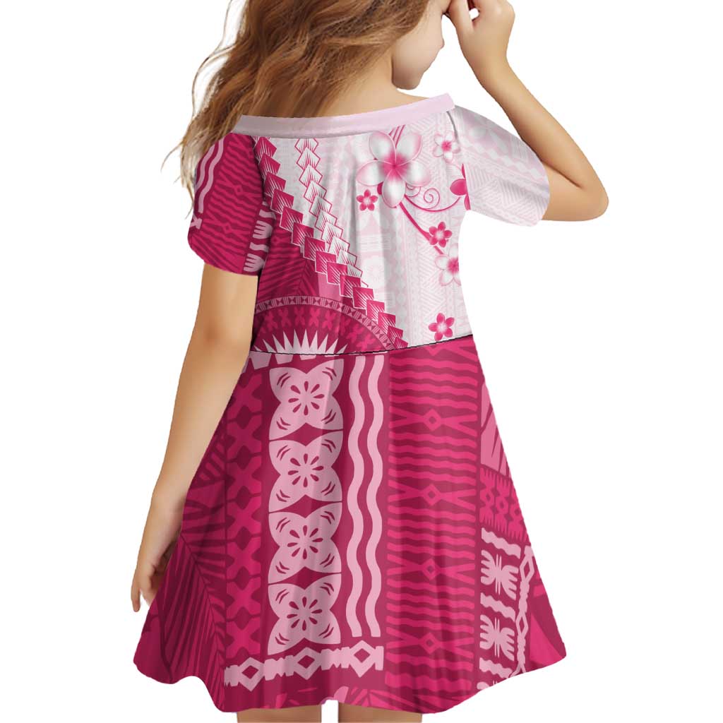 Bula Fiji Family Matching Off The Shoulder Long Sleeve Dress and Hawaiian Shirt Pink Plumeria Masi Tapa Pattern - Polynesian Pride