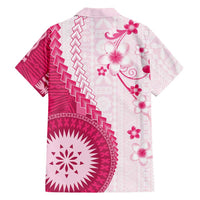 Bula Fiji Family Matching Off The Shoulder Long Sleeve Dress and Hawaiian Shirt Pink Plumeria Masi Tapa Pattern - Polynesian Pride
