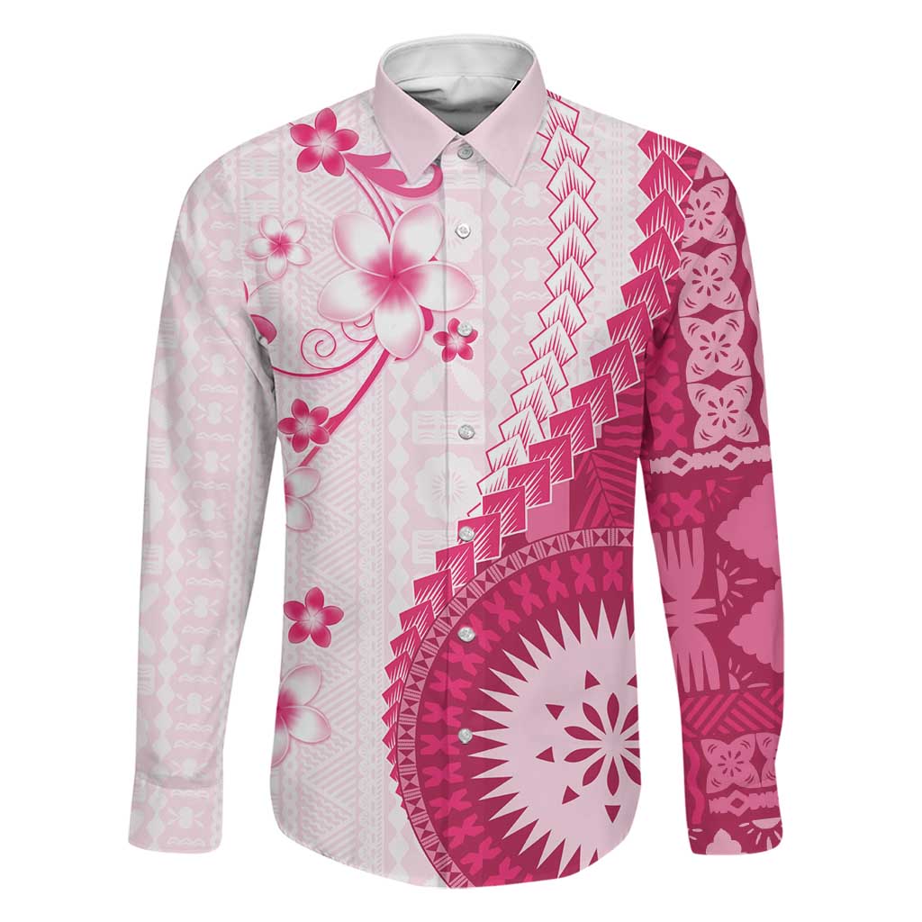 Bula Fiji Family Matching Off The Shoulder Long Sleeve Dress and Hawaiian Shirt Pink Plumeria Masi Tapa Pattern - Polynesian Pride