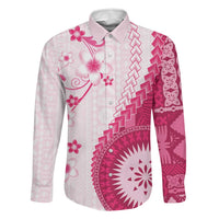 Bula Fiji Family Matching Off The Shoulder Long Sleeve Dress and Hawaiian Shirt Pink Plumeria Masi Tapa Pattern - Polynesian Pride