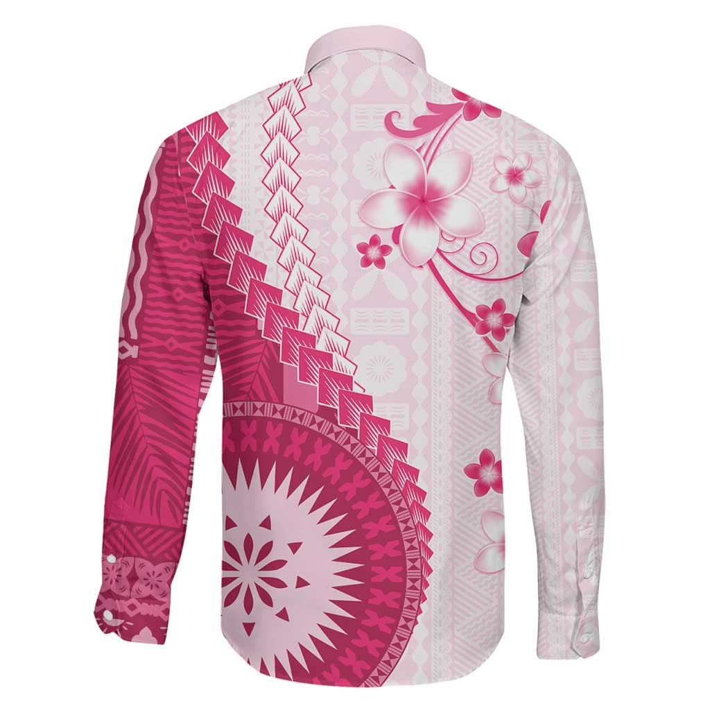 Bula Fiji Family Matching Off The Shoulder Long Sleeve Dress and Hawaiian Shirt Pink Plumeria Masi Tapa Pattern - Polynesian Pride