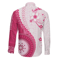 Bula Fiji Family Matching Off The Shoulder Long Sleeve Dress and Hawaiian Shirt Pink Plumeria Masi Tapa Pattern - Polynesian Pride