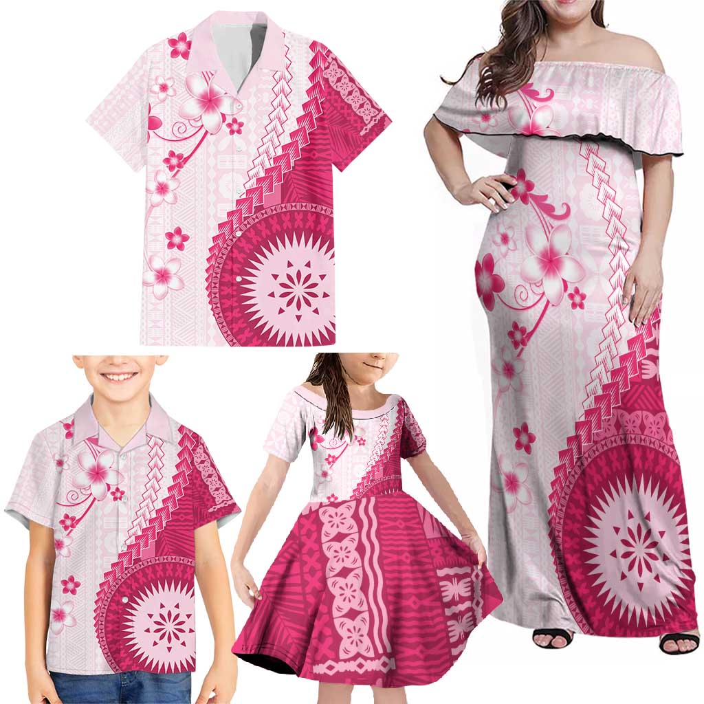 Bula Fiji Family Matching Off Shoulder Maxi Dress and Hawaiian Shirt Pink Plumeria Masi Tapa Pattern - Polynesian Pride