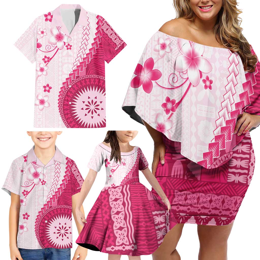 Bula Fiji Family Matching Off Shoulder Short Dress and Hawaiian Shirt Pink Plumeria Masi Tapa Pattern - Polynesian Pride