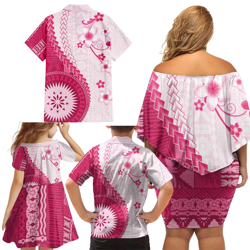 Bula Fiji Family Matching Off Shoulder Short Dress and Hawaiian Shirt Pink Plumeria Masi Tapa Pattern - Polynesian Pride