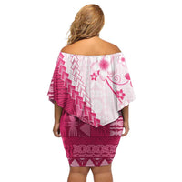 Bula Fiji Family Matching Off Shoulder Short Dress and Hawaiian Shirt Pink Plumeria Masi Tapa Pattern - Polynesian Pride