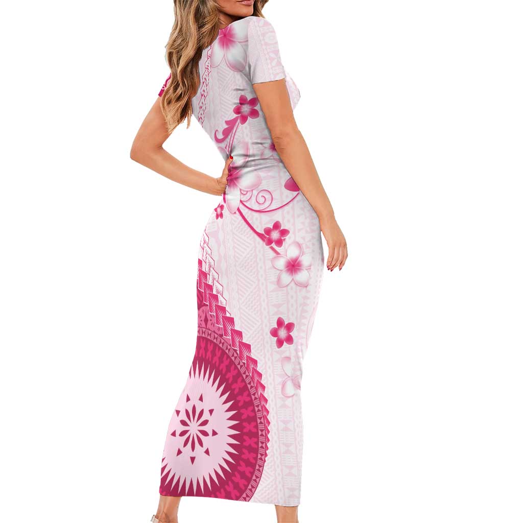 Bula Fiji Family Matching Short Sleeve Bodycon Dress and Hawaiian Shirt Pink Plumeria Masi Tapa Pattern - Polynesian Pride