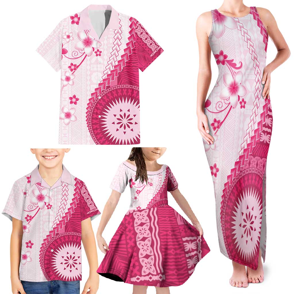Bula Fiji Family Matching Tank Maxi Dress and Hawaiian Shirt Pink Plumeria Masi Tapa Pattern - Polynesian Pride