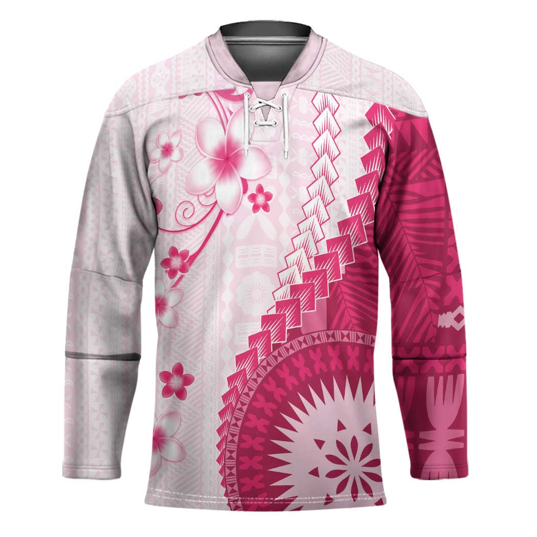 Bula Fiji Hockey Jersey Pink Plumeria Masi Tapa Pattern - Polynesian Pride
