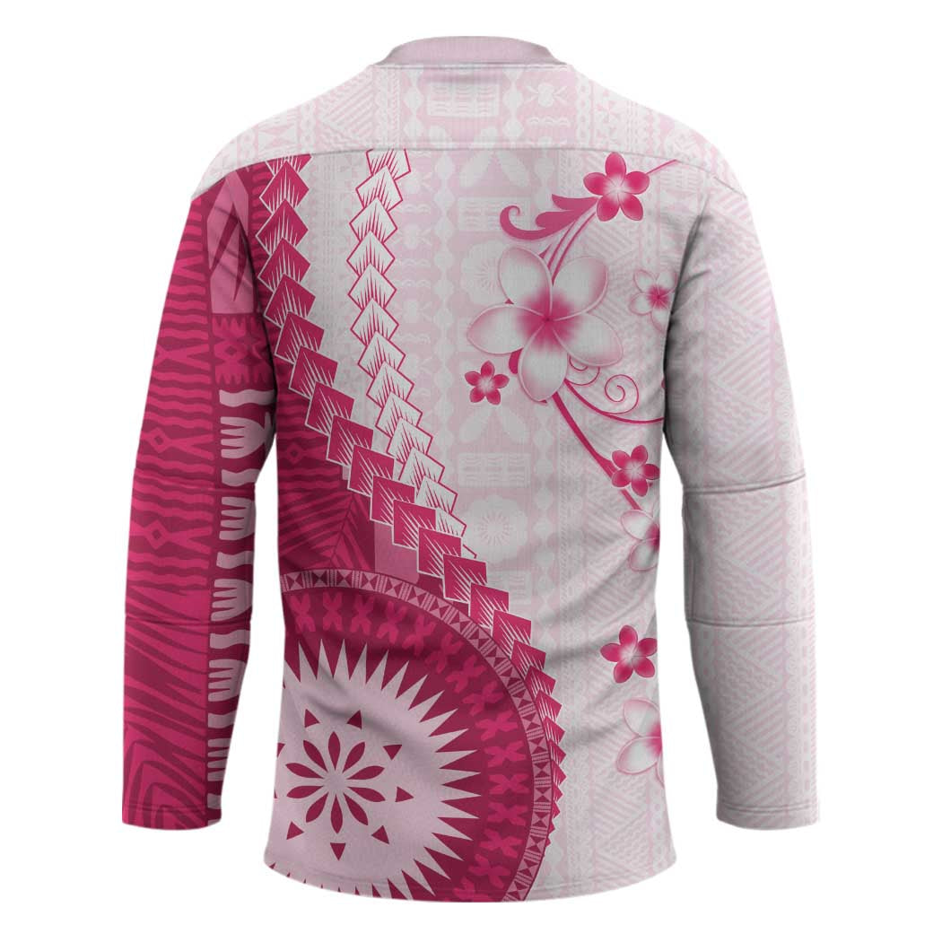 Bula Fiji Hockey Jersey Pink Plumeria Masi Tapa Pattern - Polynesian Pride