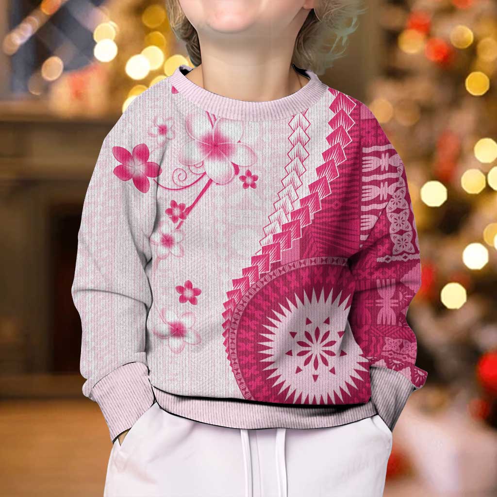 Bula Fiji Kid Ugly Christmas Sweater Pink Plumeria Masi Tapa Pattern - Polynesian Pride