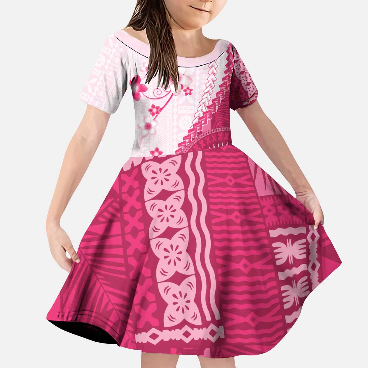 Bula Fiji Kid Short Sleeve Dress Pink Plumeria Masi Tapa Pattern - Polynesian Pride