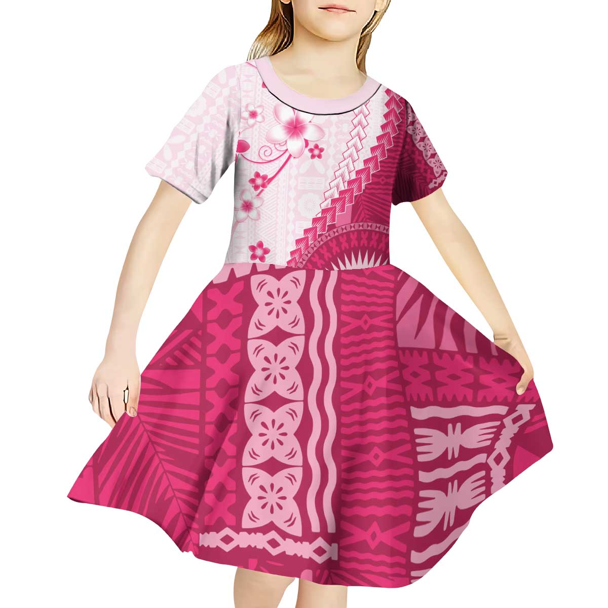 Bula Fiji Kid Short Sleeve Dress Pink Plumeria Masi Tapa Pattern - Polynesian Pride