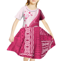 Bula Fiji Kid Short Sleeve Dress Pink Plumeria Masi Tapa Pattern - Polynesian Pride