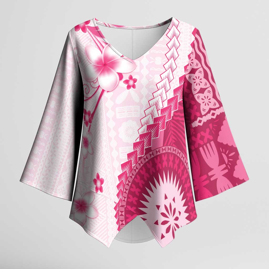Bula Fiji Kimono Sleeve Blouse Pink Plumeria Masi Tapa Pattern LT05 Female Pink - Polynesian Pride