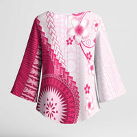 Bula Fiji Kimono Sleeve Blouse Pink Plumeria Masi Tapa Pattern LT05 - Polynesian Pride