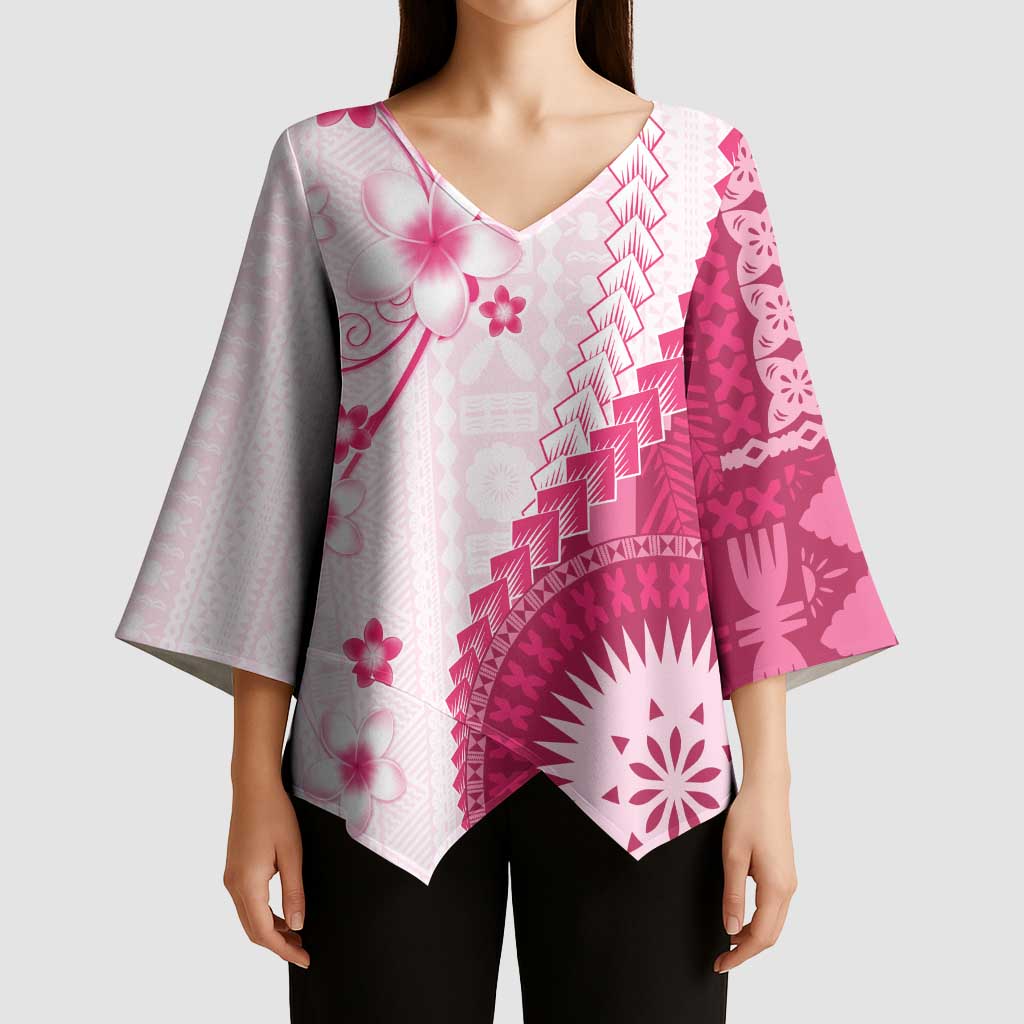 Bula Fiji Kimono Sleeve Blouse Pink Plumeria Masi Tapa Pattern LT05 - Polynesian Pride
