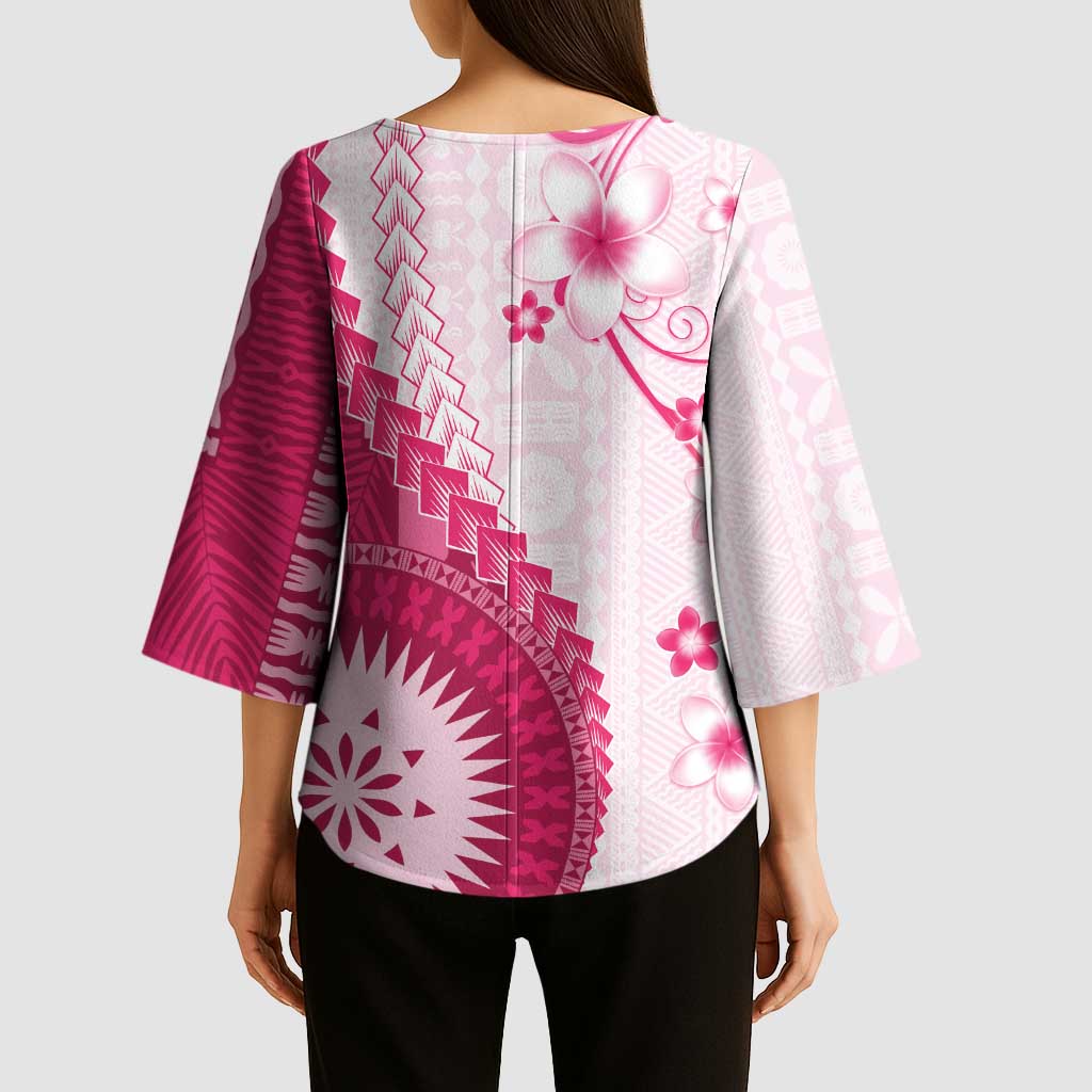 Bula Fiji Kimono Sleeve Blouse Pink Plumeria Masi Tapa Pattern LT05 - Polynesian Pride