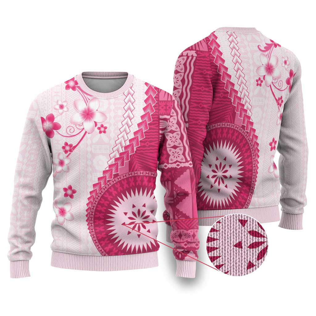 Bula Fiji Ugly Christmas Sweater Pink Plumeria Masi Tapa Pattern - Polynesian Pride