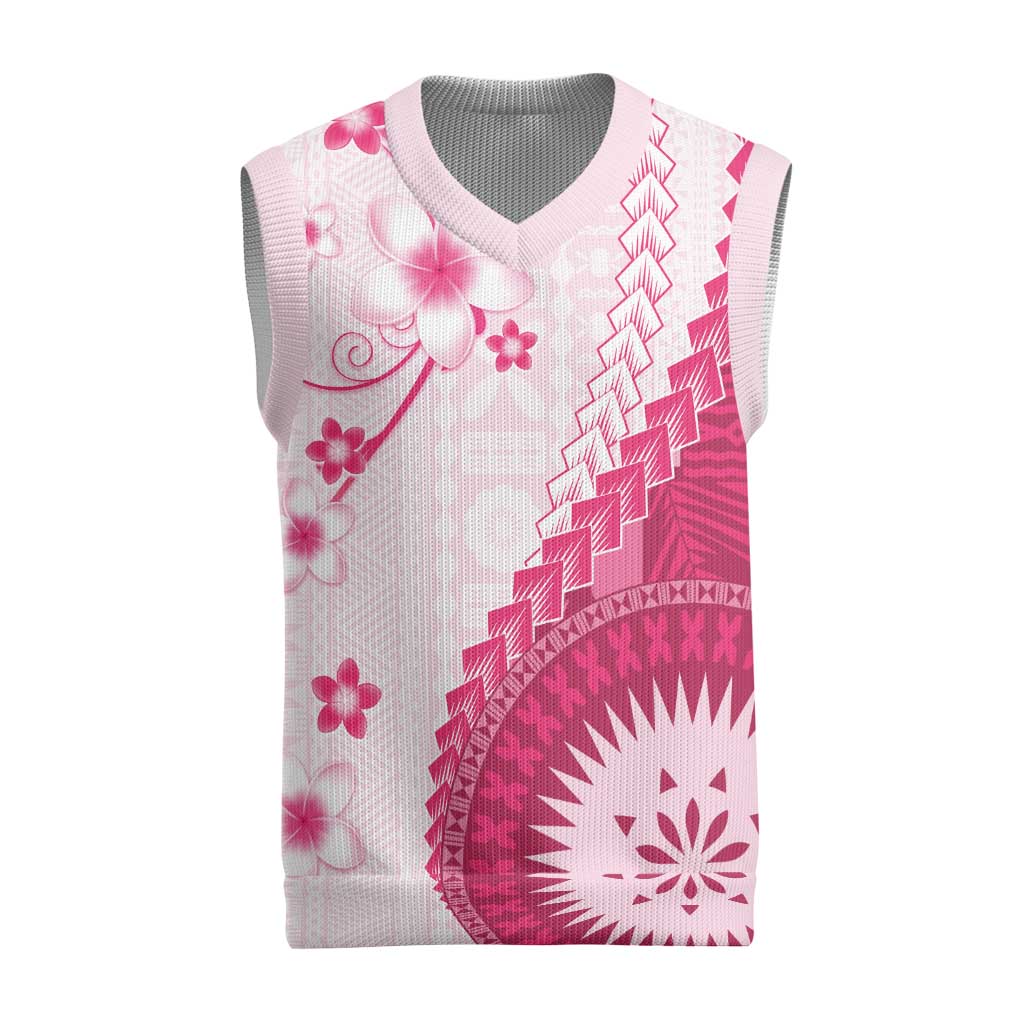 Bula Fiji Christmas Knitted V-Neck Vest Pink Plumeria Masi Tapa Pattern - Polynesian Pride