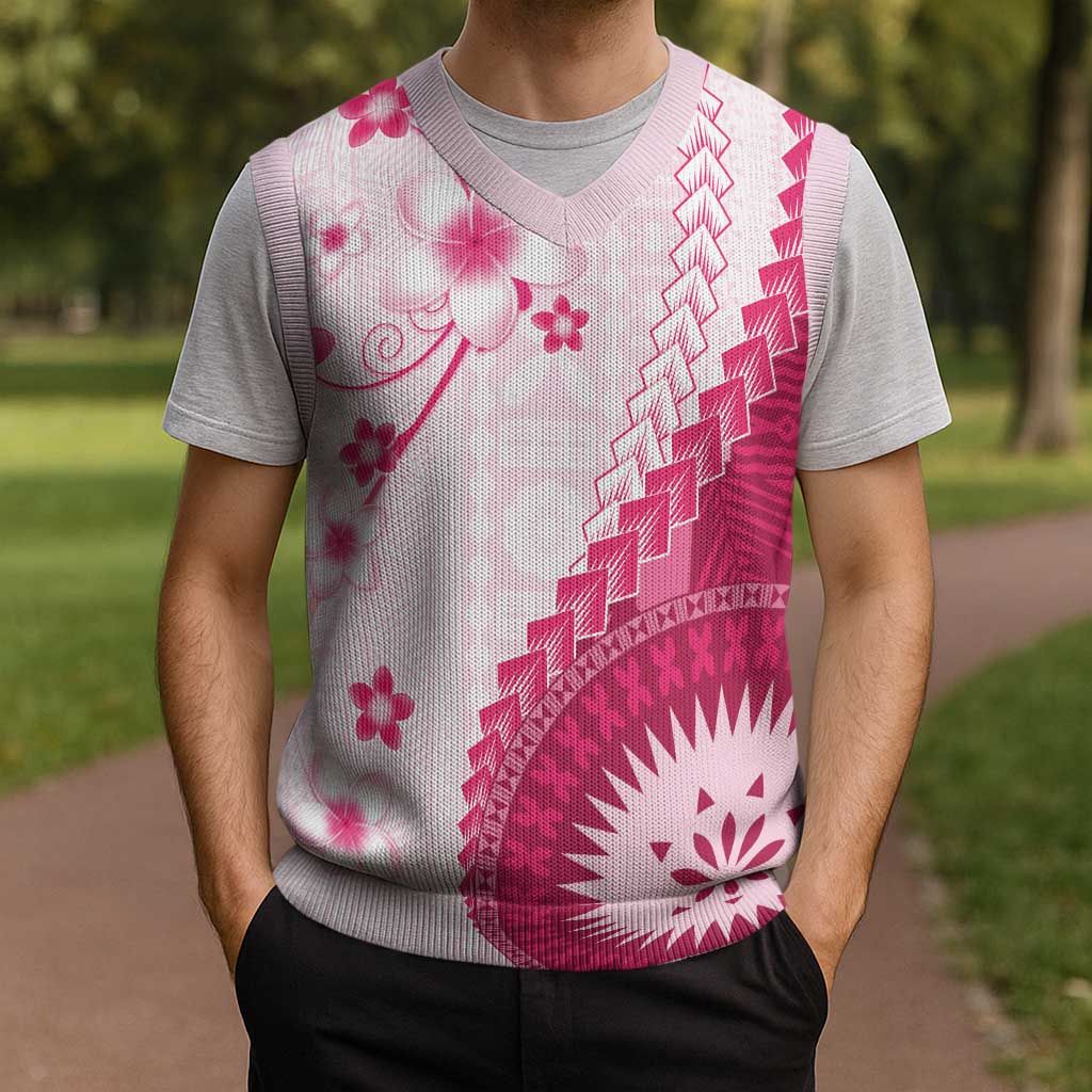 Bula Fiji Christmas Knitted V-Neck Vest Pink Plumeria Masi Tapa Pattern - Polynesian Pride