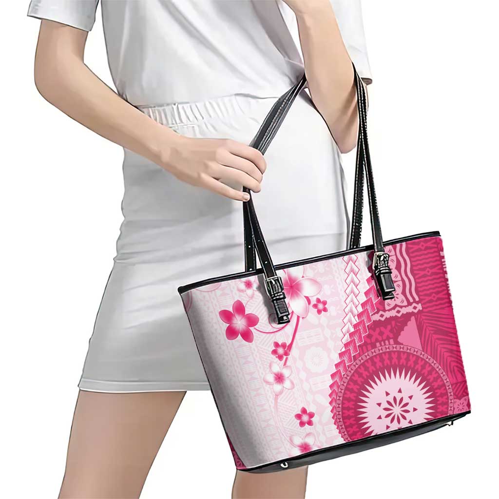 Bula Fiji Leather Tote Bag Pink Plumeria Masi Tapa Pattern - Polynesian Pride