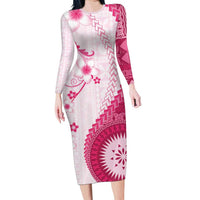 Bula Fiji Long Sleeve Bodycon Dress Pink Plumeria Masi Tapa Pattern - Polynesian Pride