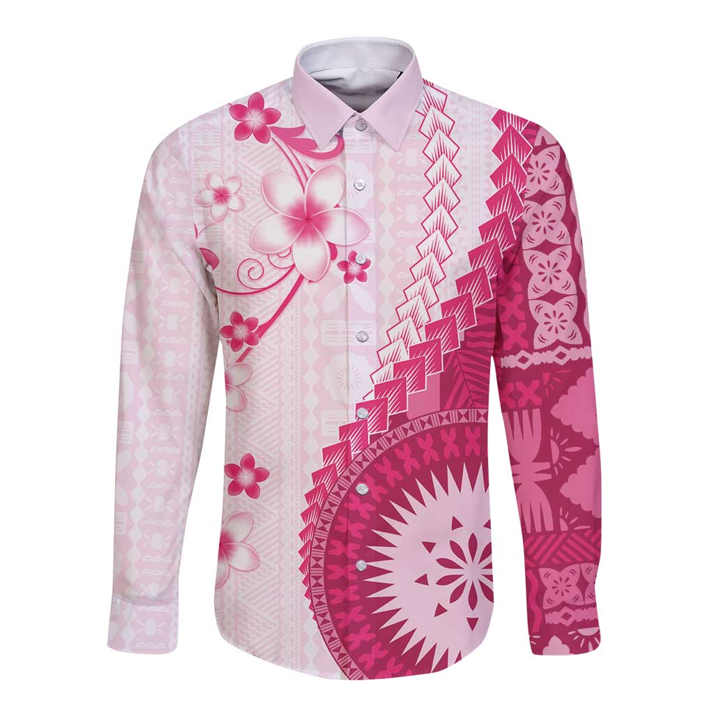Bula Fiji Long Sleeve Button Shirt Pink Plumeria Masi Tapa Pattern LT05 Unisex Pink - Polynesian Pride