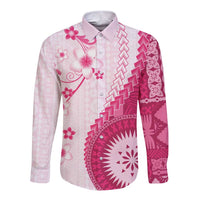 Bula Fiji Long Sleeve Button Shirt Pink Plumeria Masi Tapa Pattern LT05 Unisex Pink - Polynesian Pride