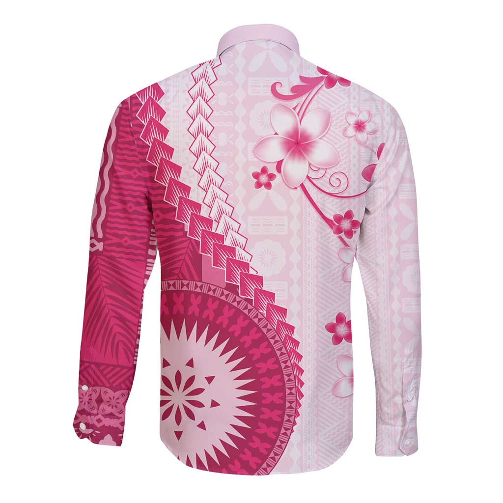 Bula Fiji Long Sleeve Button Shirt Pink Plumeria Masi Tapa Pattern LT05 - Polynesian Pride