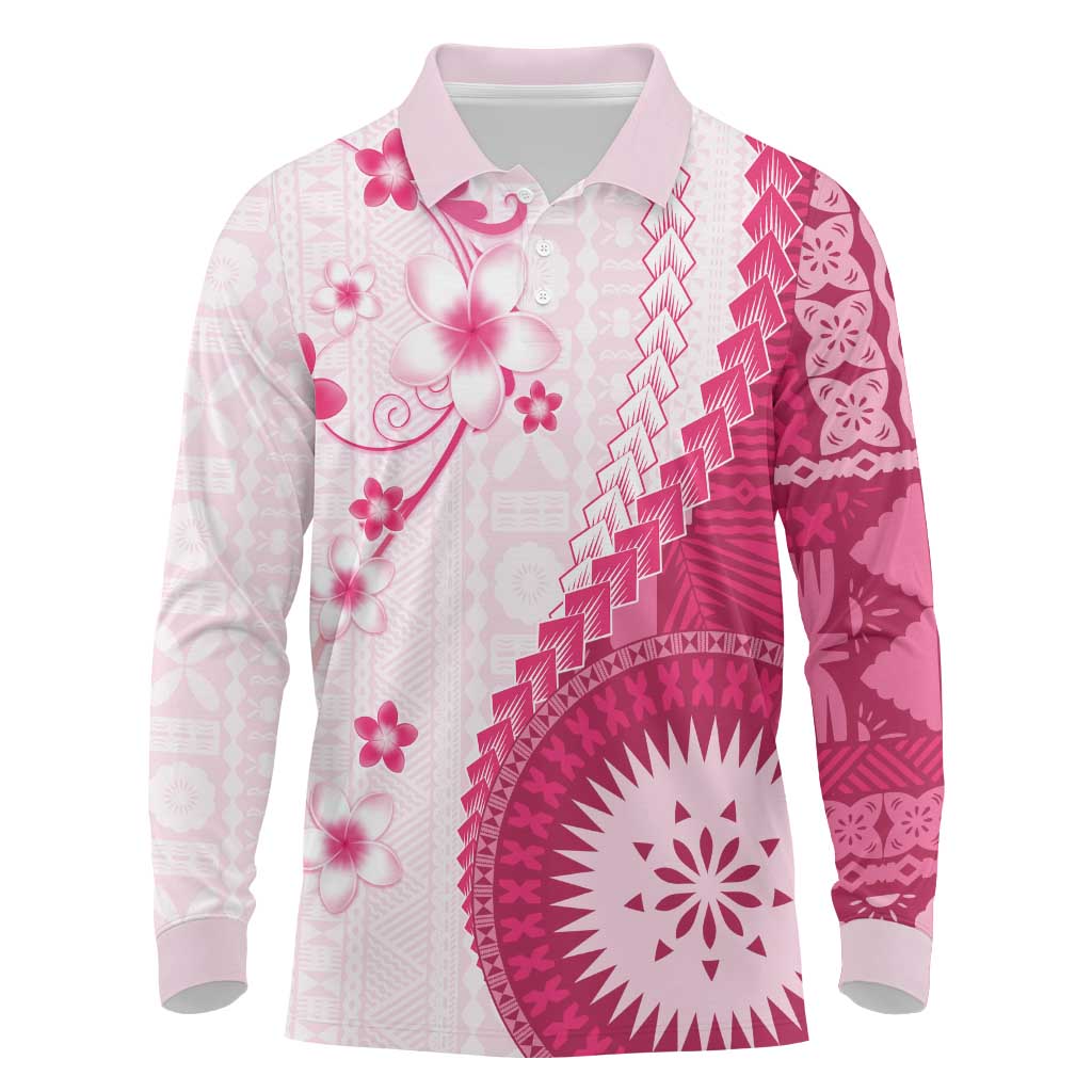 Bula Fiji Long Sleeve Polo Shirt Pink Plumeria Masi Tapa Pattern LT05 Pink - Polynesian Pride