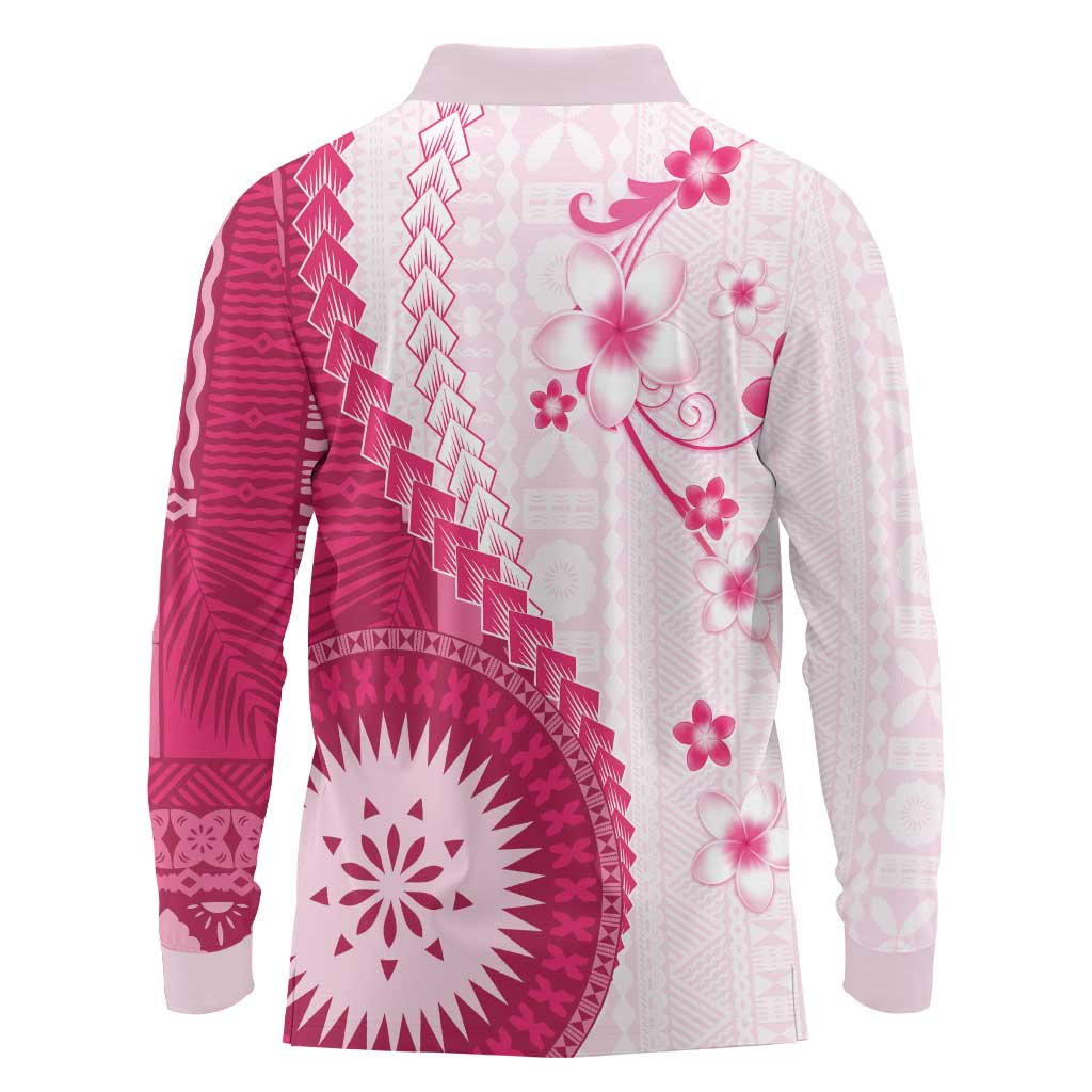 Bula Fiji Long Sleeve Polo Shirt Pink Plumeria Masi Tapa Pattern LT05 - Polynesian Pride