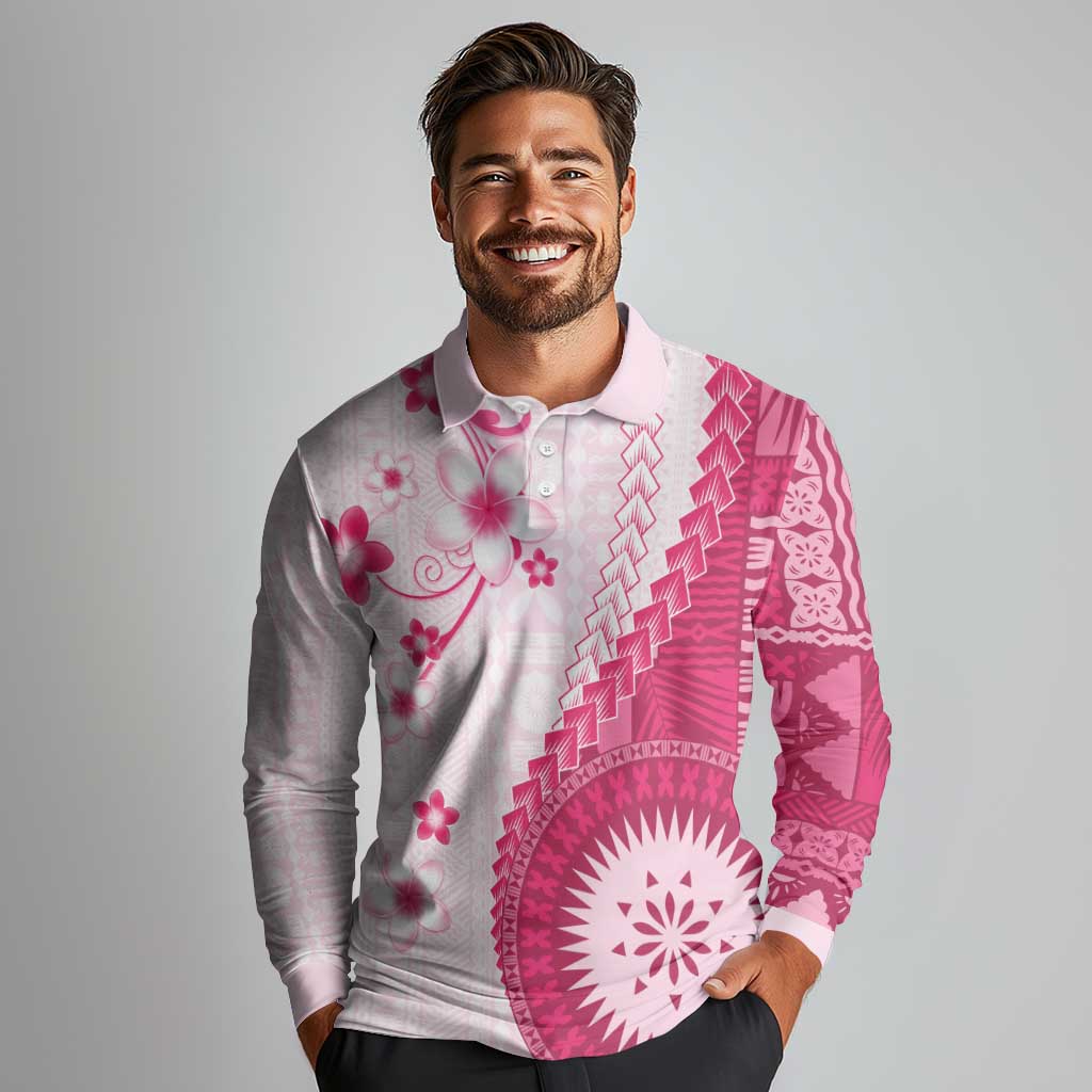 Bula Fiji Long Sleeve Polo Shirt Pink Plumeria Masi Tapa Pattern LT05 - Polynesian Pride