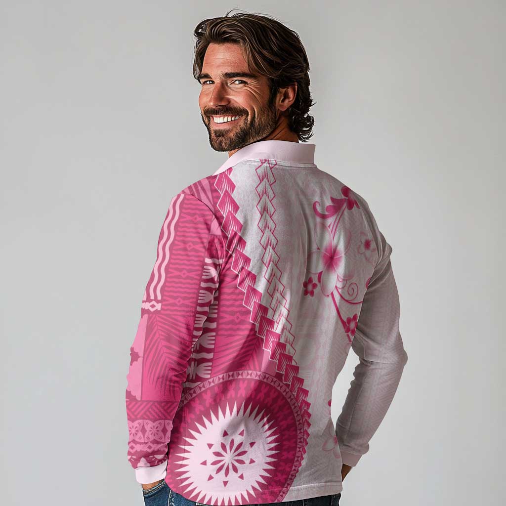 Bula Fiji Long Sleeve Polo Shirt Pink Plumeria Masi Tapa Pattern LT05 - Polynesian Pride