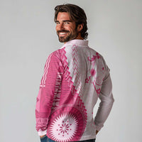 Bula Fiji Long Sleeve Polo Shirt Pink Plumeria Masi Tapa Pattern LT05 - Polynesian Pride