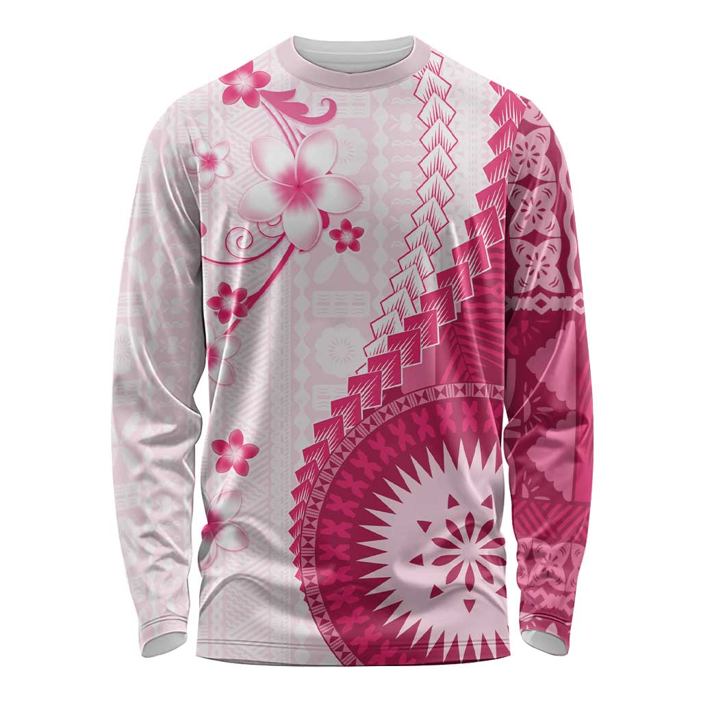 Bula Fiji Long Sleeve Shirt Pink Plumeria Masi Tapa Pattern LT05 Unisex Pink - Polynesian Pride