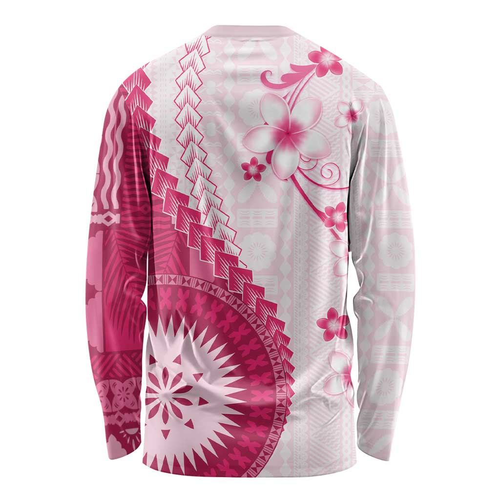 Bula Fiji Long Sleeve Shirt Pink Plumeria Masi Tapa Pattern LT05 - Polynesian Pride