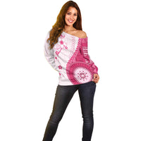 Bula Fiji Off Shoulder Sweater Pink Plumeria Masi Tapa Pattern - Polynesian Pride