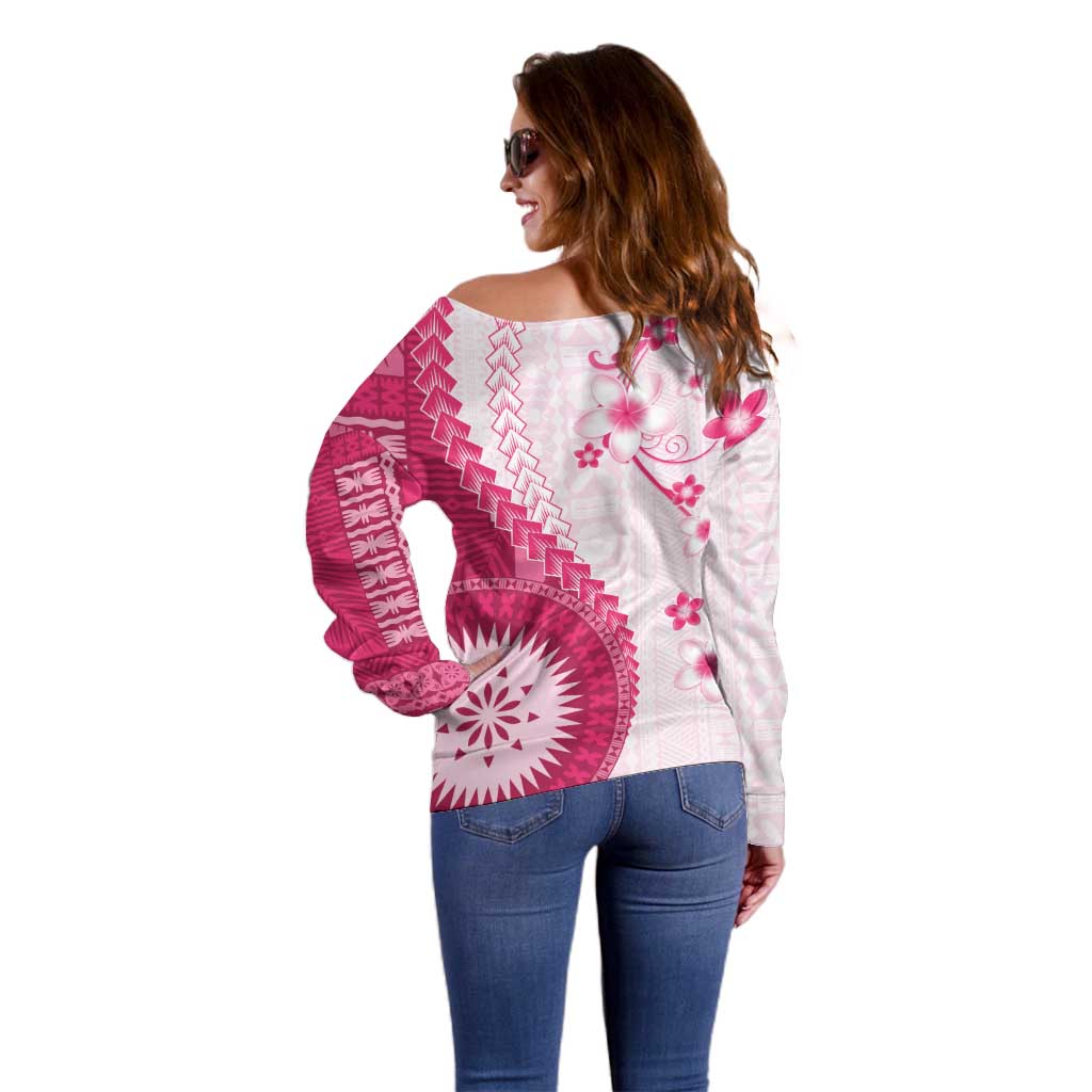Bula Fiji Off Shoulder Sweater Pink Plumeria Masi Tapa Pattern - Polynesian Pride