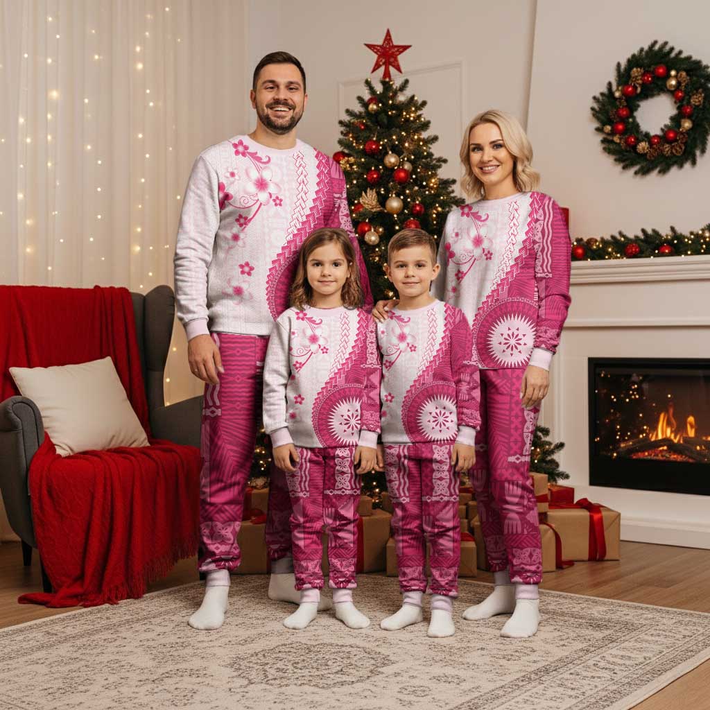 Bula Fiji Christmas Pajama Set Pink Plumeria Masi Tapa Pattern - Polynesian Pride