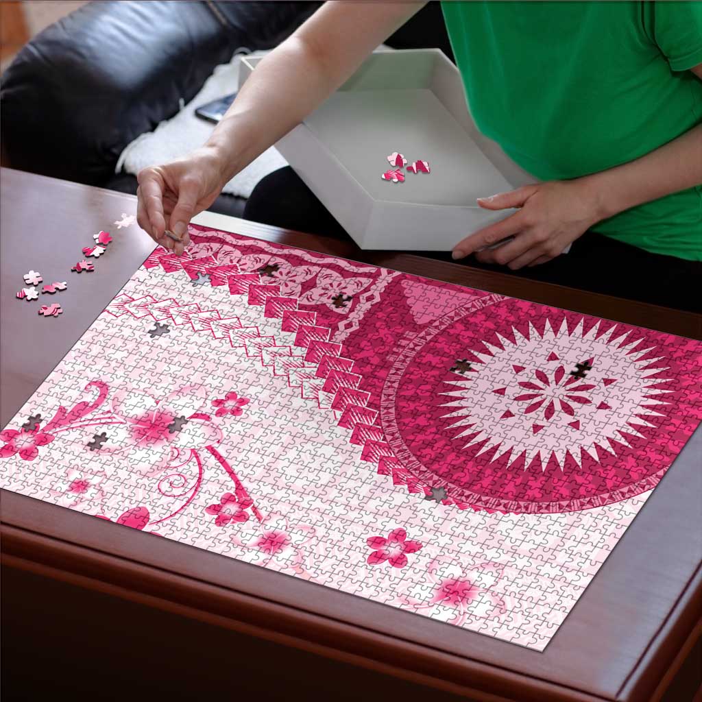 Bula Fiji Puzzle Pink Plumeria Masi Tapa Pattern - Polynesian Pride