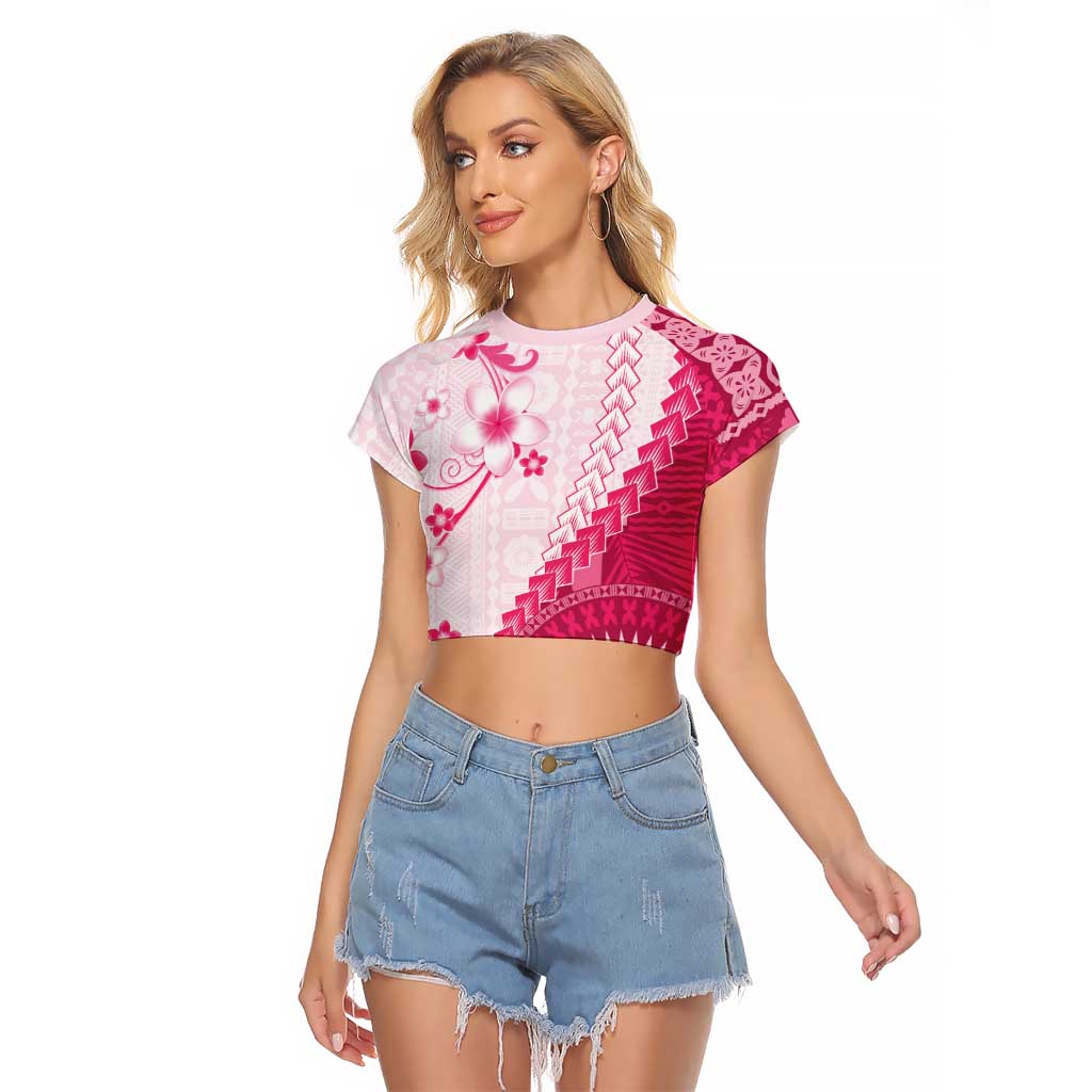 Bula Fiji Raglan Cropped T Shirt Pink Plumeria Masi Tapa Pattern LT05 Female Pink - Polynesian Pride