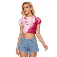 Bula Fiji Raglan Cropped T Shirt Pink Plumeria Masi Tapa Pattern LT05 Female Pink - Polynesian Pride