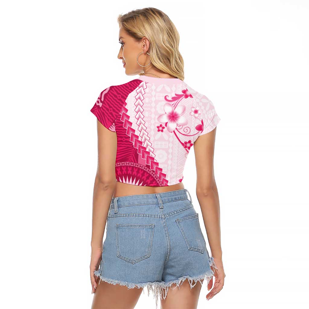 Bula Fiji Raglan Cropped T Shirt Pink Plumeria Masi Tapa Pattern LT05 - Polynesian Pride