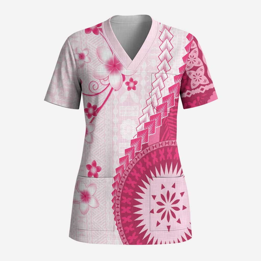 Bula Fiji Scrub Top Pink Plumeria Masi Tapa Pattern LT05 Adult Pink - Polynesian Pride