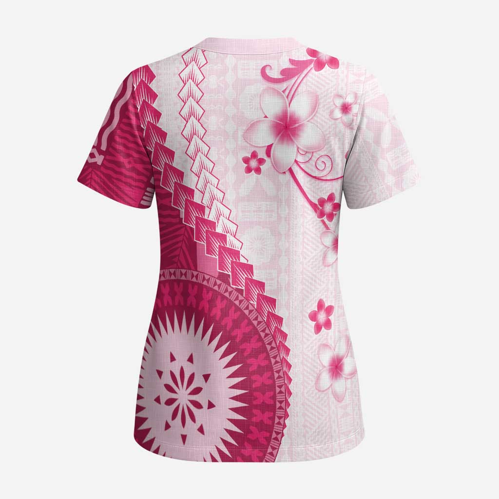 Bula Fiji Scrub Top Pink Plumeria Masi Tapa Pattern LT05 - Polynesian Pride