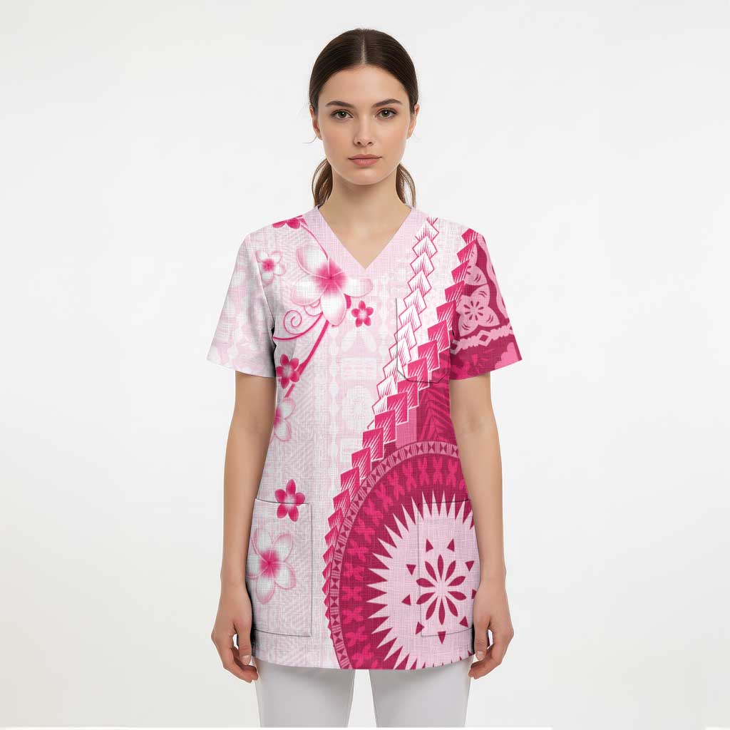Bula Fiji Scrub Top Pink Plumeria Masi Tapa Pattern LT05 - Polynesian Pride