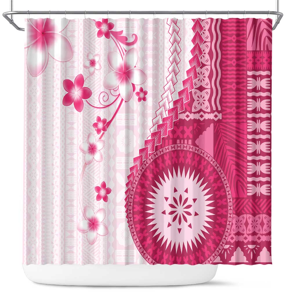 Bula Fiji Shower Curtain Pink Plumeria Masi Tapa Pattern - Polynesian Pride
