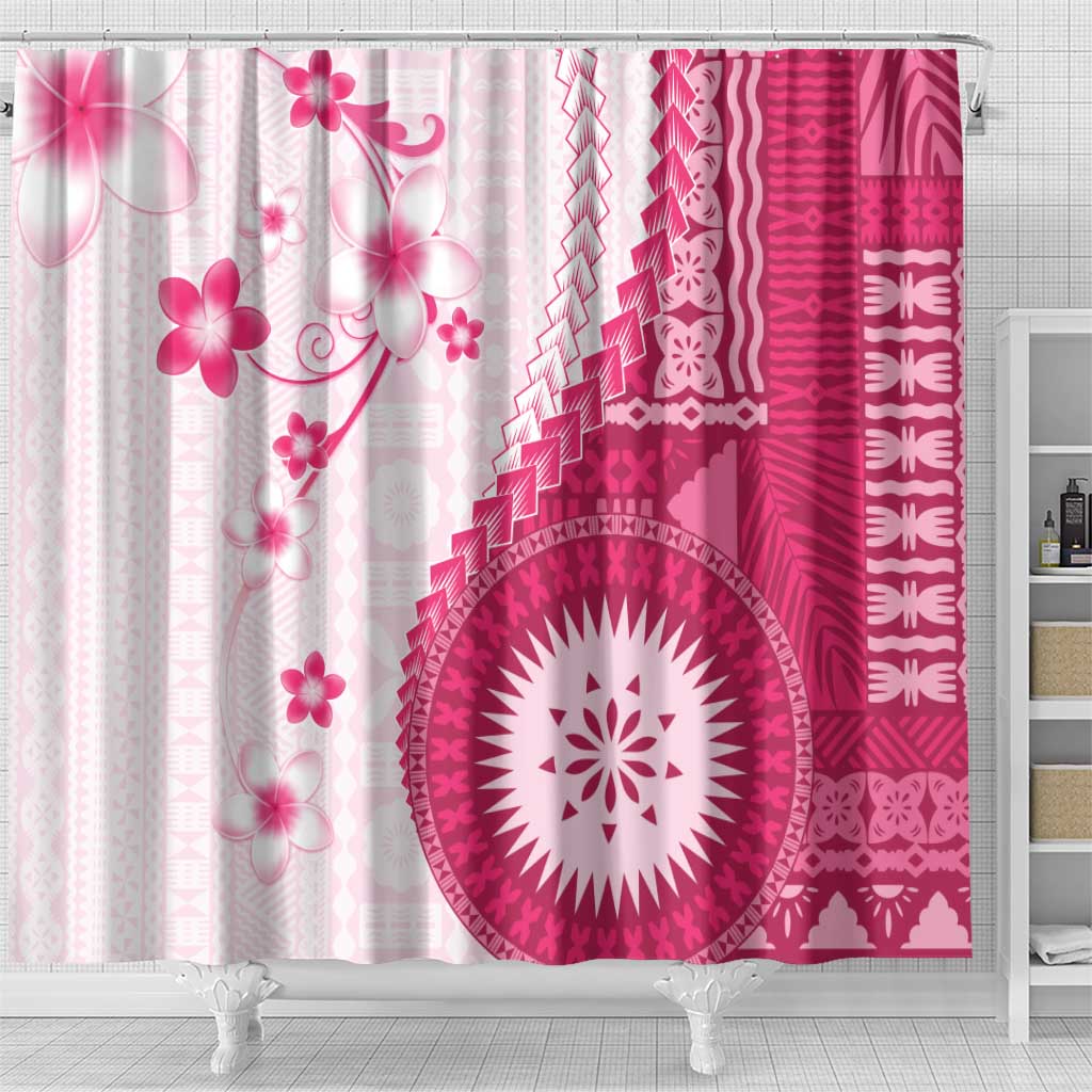 Bula Fiji Shower Curtain Pink Plumeria Masi Tapa Pattern - Polynesian Pride