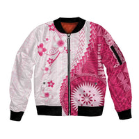 Bula Fiji Sleeve Zip Bomber Jacket Pink Plumeria Masi Tapa Pattern - Polynesian Pride